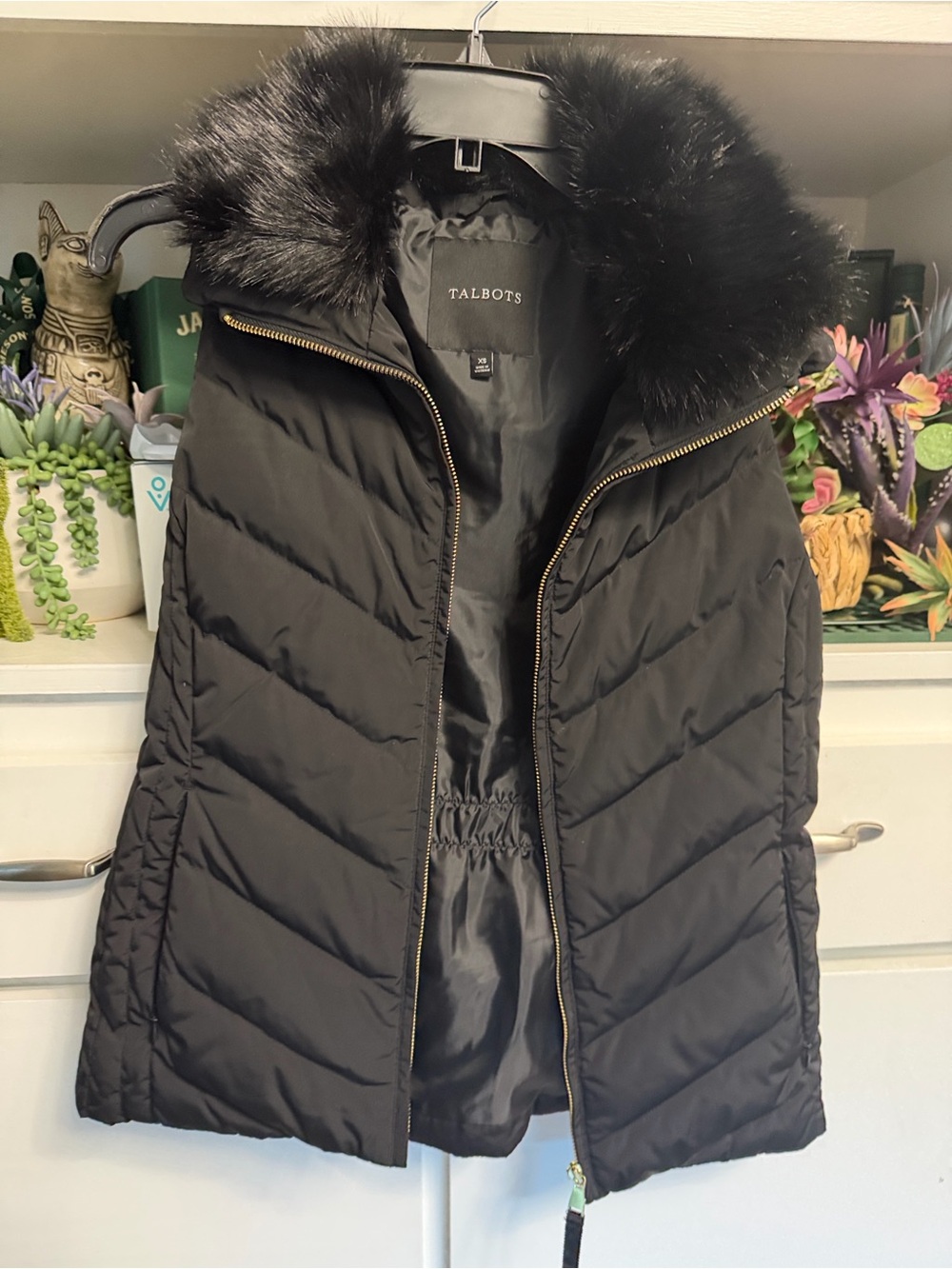 Talbots Black Quilted Puffer Vest with Faux Fur Trim Hood